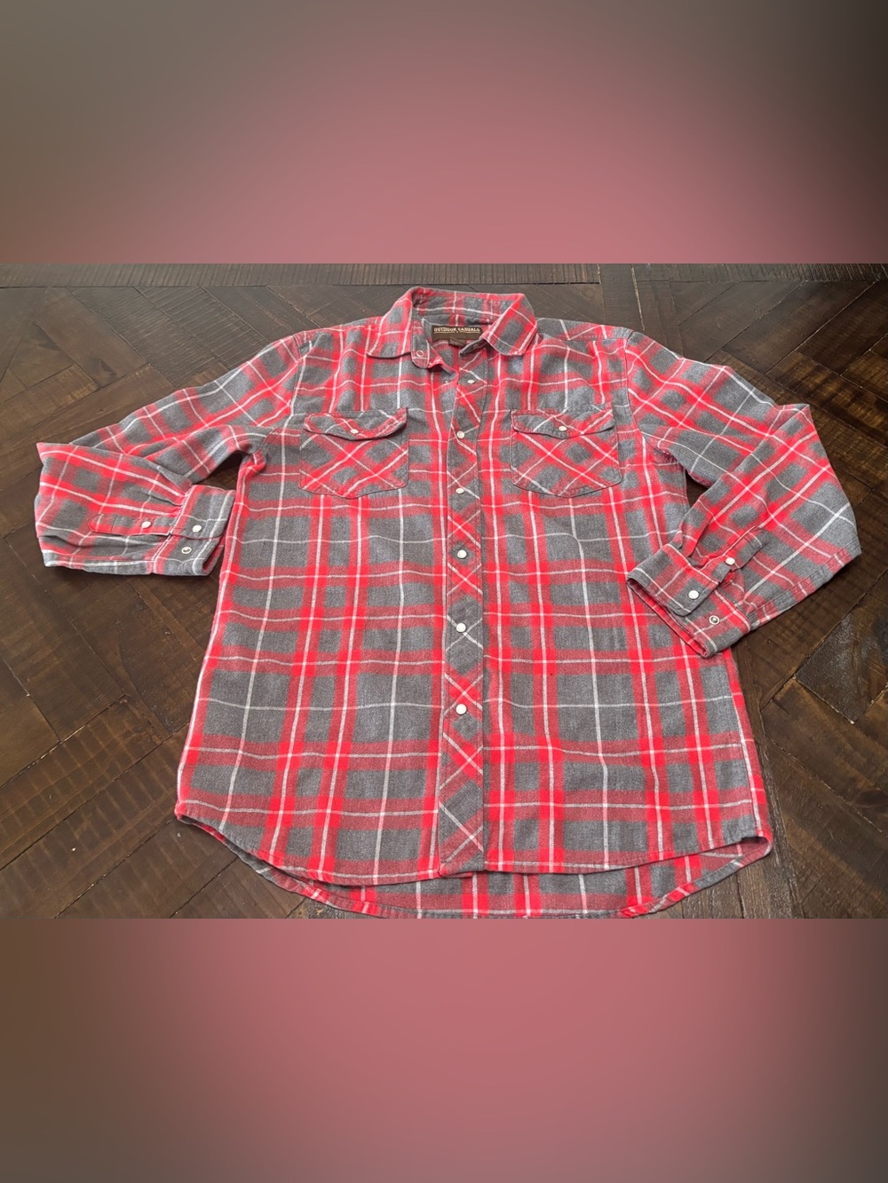 VTG Outdoor Casuals Pear Snap L/S Flannel Shirt Mens Sz L Western Red Grey